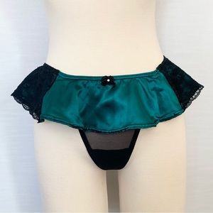 Y2K Frederick’s of Hollywood Ruffle Skirt Jade Green Silky Satin Thong M 🔥🔥